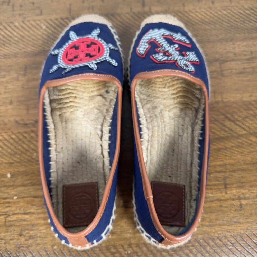 Tory Burch Espadrilles Womens 8 Navy Blue Maritime Flats Canvas Anchor Nautical